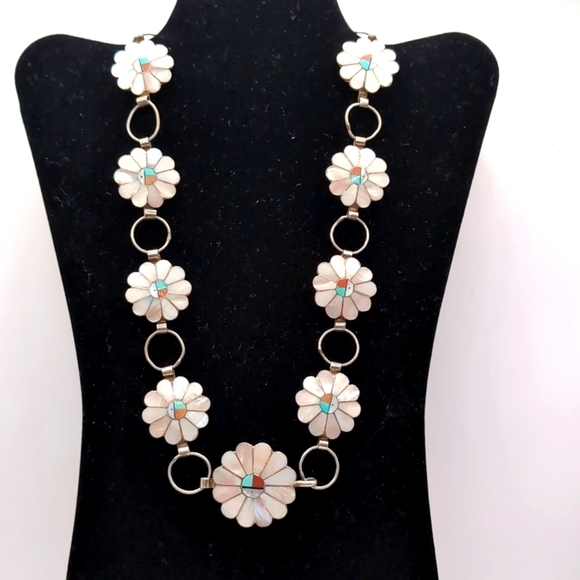 Sterling Silver Zuni Native American Sun Face MOP Turquoise Concho Belt Necklace - Picture 10 of 10